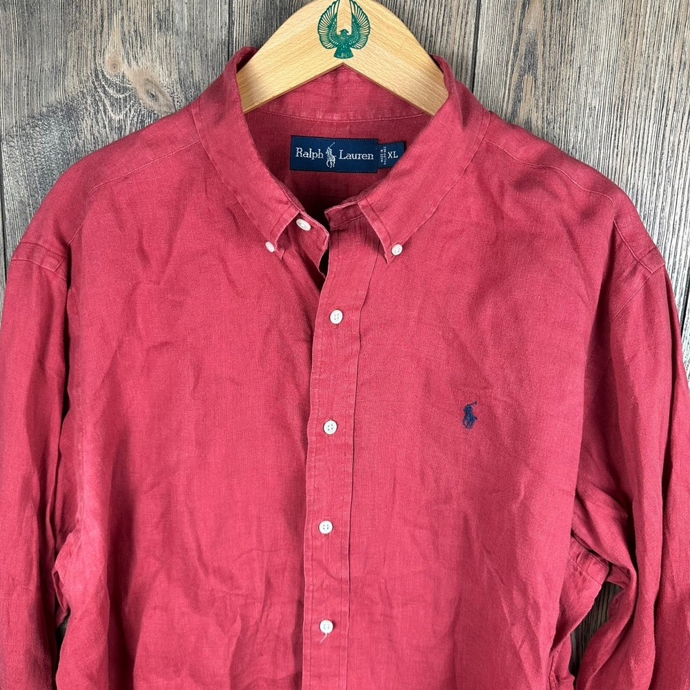 Ralph Lauren 100% Linen Button Down Shirt Long Sleeve Mens Size XL Red - Picture 3 of 8